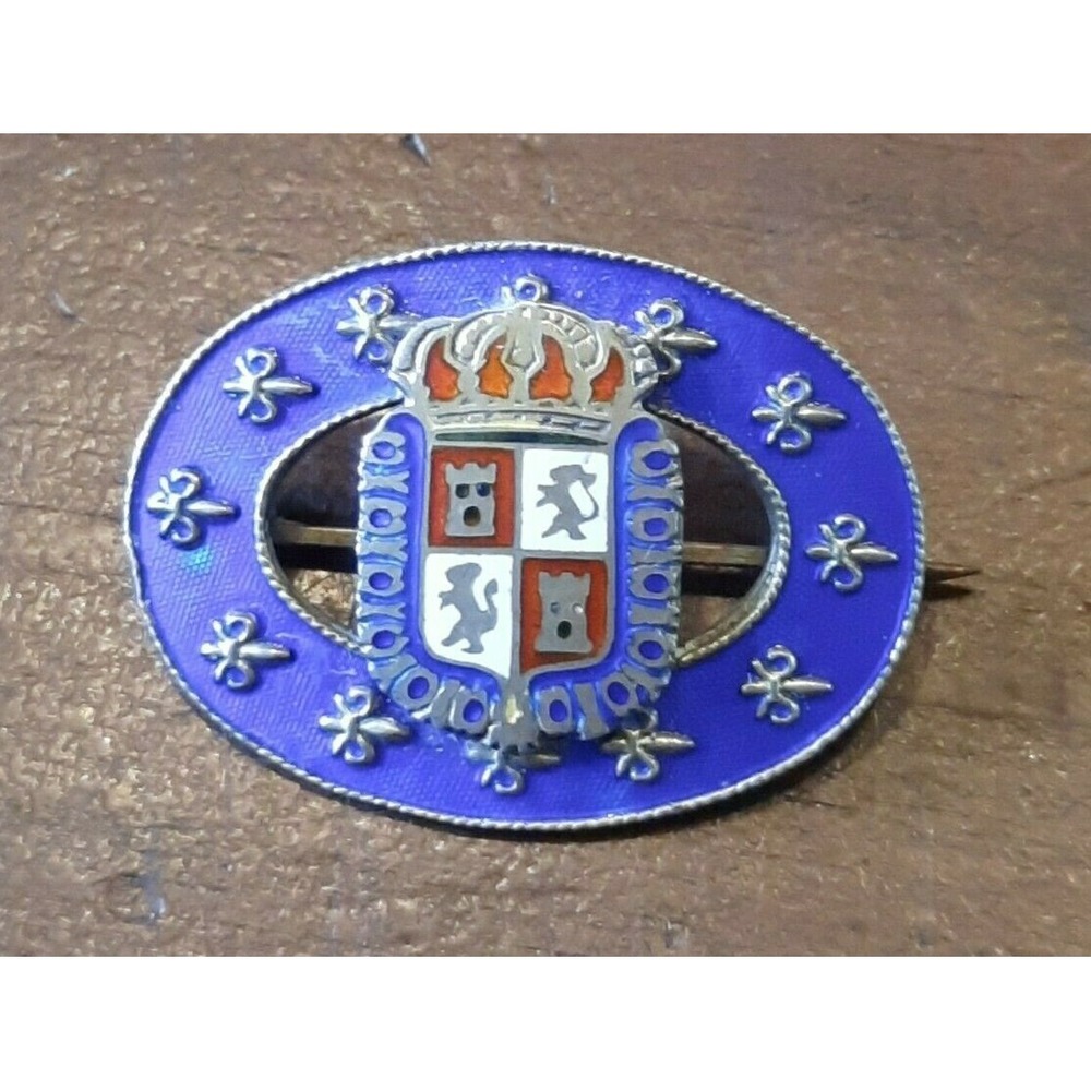 Antique Sterling Enamel Guilloche Shield Fleur De Lis Cobalt Blue C Clasp Pin